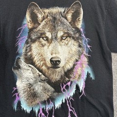 Wolf Print T-Shirt Men Medium Black Short Sleeve Crew Neck Fruit of the Loom HD