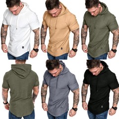 Men’s Hooded Short Sleeve Sporty T-Shirt Slim Gym Muscle Tee Hoodie Tops Blouses