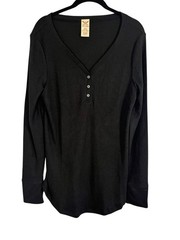 Neutral Waffle Knit Henley Black L Y2K Retro Minimalist Western Preppy Classic