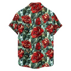 Mens Button Down Black Red Rose Floral Print Hawaiian Top Novelty Summer Shirt