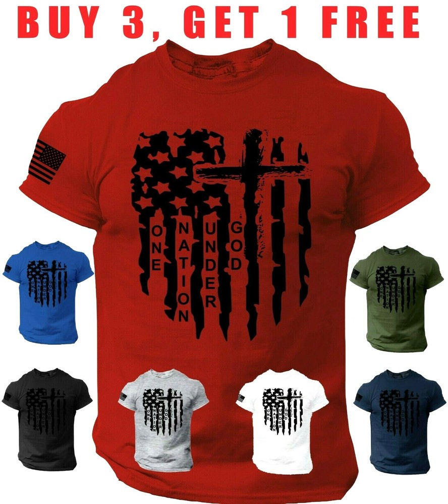 USA Flag T Shirt one nation under god Army Jesus cross Christian Tee S-3XL