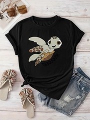 [New Recommended] Creative Turtle Pattern Printed T-shirt, Women’s Casual, Vac