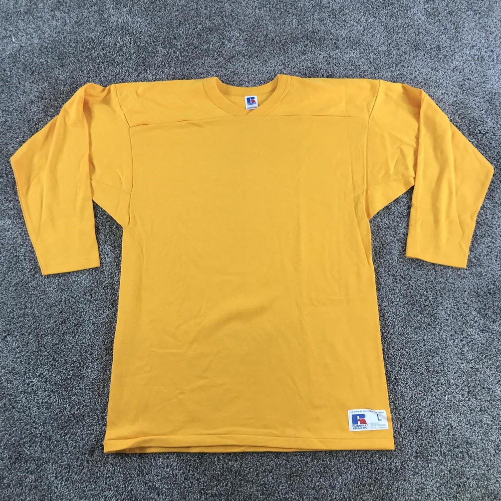 Vintage Russell Athletic Football Jersey Shirt Mens Large Yellow 3/4 Sleeve