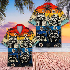 Retro Raccoon Hawaiian Funny Cartoon Raccoons Beach Summer Vacation Party Shirt