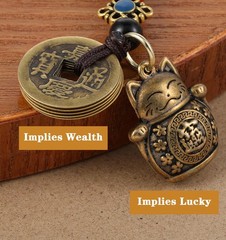 Lucky Cat Keychain, with Five Emperors Money Feng Shui Coins, Maneki Neko Good L