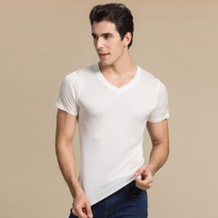 Men 100% Mulberry Silk Knitted V Neck T Shirts Underwear Short Sleeve Tops Shirt
