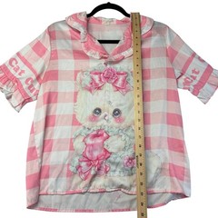 Cute Cat Shirt Women’s Large Pink White Plaid Short Sleeve Queen Cartoon Blouse