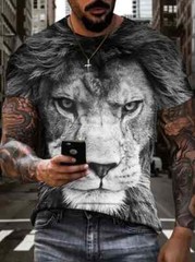 T Shirt Men Black White Lion Face Graphic Print Fashion Wicking Tee Short Sleeve