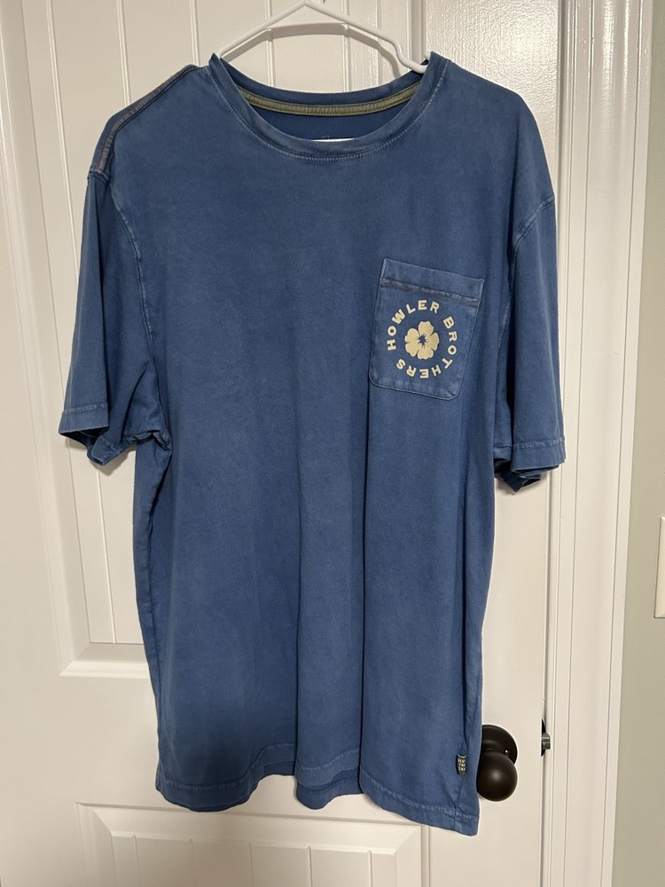 Howler Brothers Men’s Blue T-Shirt Handsaw And Flower Design, Blue With Pocket
