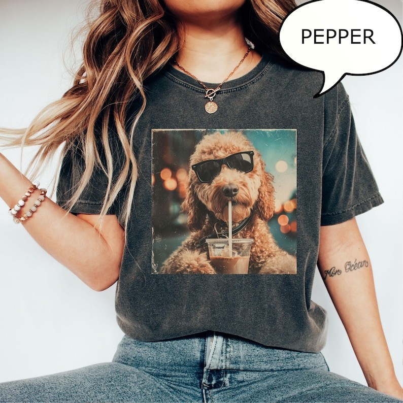Cute Goldendoodle Drinking Iced Coffee T-Shirt, Dog Lover Gift, Coffee Dog Shirt