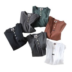 American Summer New Mens Cotton Henry Collar Retro Casual Short-Sleeved T-Shirt