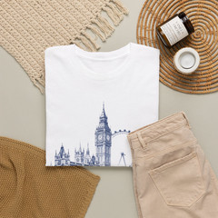 London Landmarks Big Ben Tower Bridge Red Bus Graphic T-Shirt