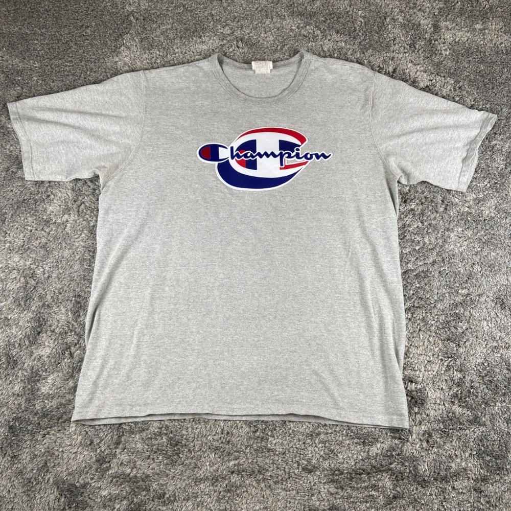 Champion Shirt Mens 2XL Grey Graphic Big Logo Short Sleeve Tee Streetwear Y2k