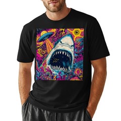 Trippy Space Shark T-Shirt Alien UFO Abduction Galaxy Mouth Colorful Art Tee