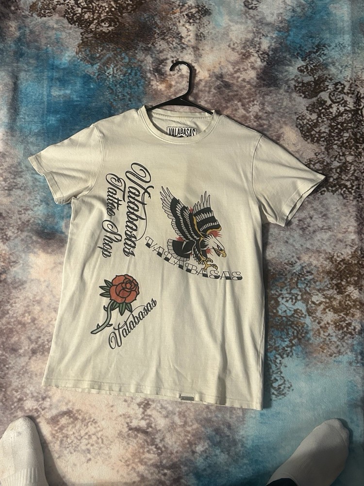 Valabasas Men’s White Skull Rose Tattoo Graphic Double-Sided Crew Neck Tee XS