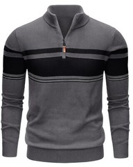 Mens Long Sleeve Sweater 1/4 Zip Winter Warm Casual Fleece Pullover Striped Polo