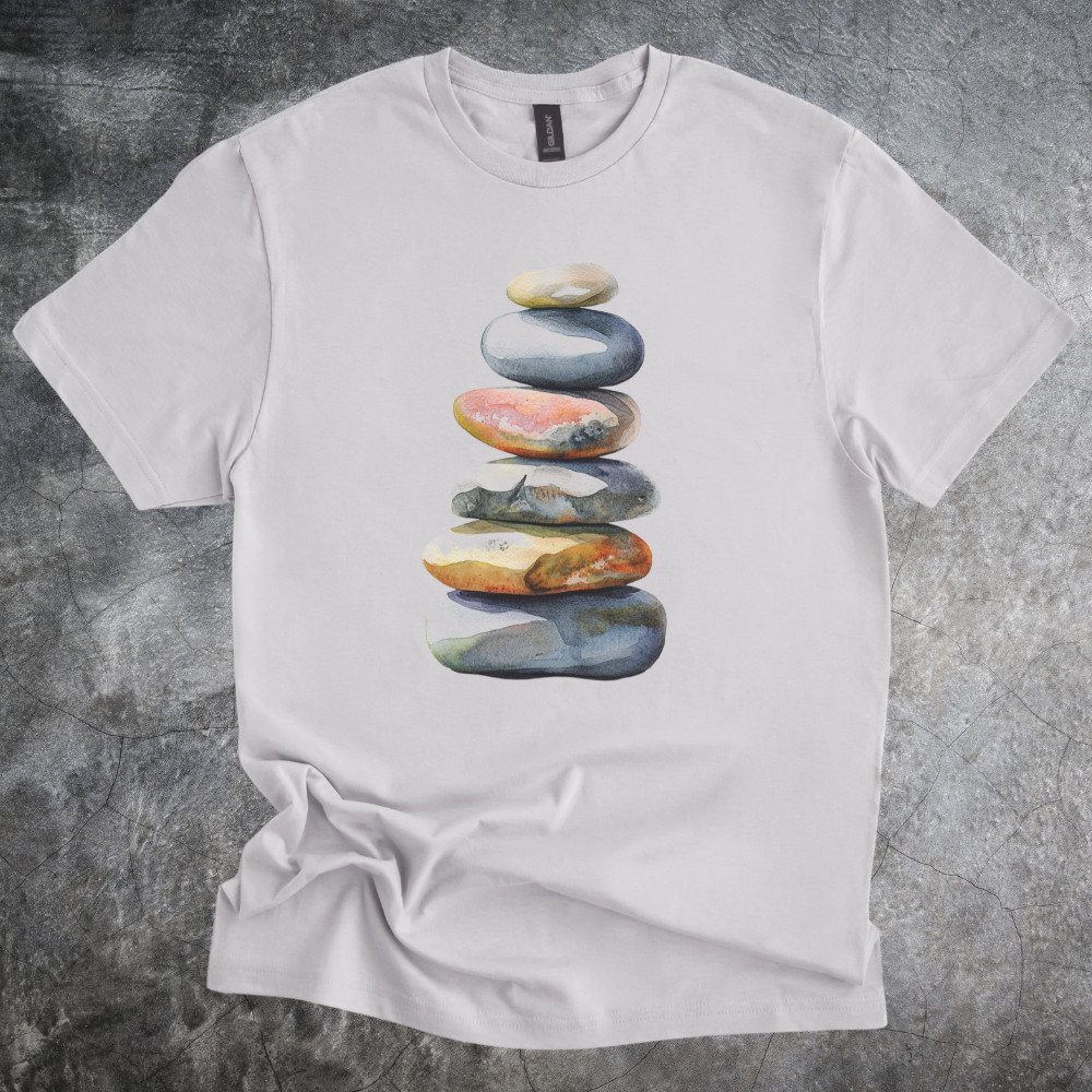 Stacked Stones Shirt Watercolor Rock Cairn Nature Artwork Tshirt Light Gray