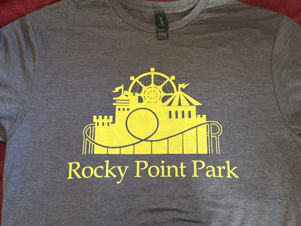 Rocky Point Design Tee Shirt. Medium Grey Short Sleeve Yellow Screen Print Front