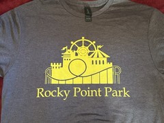Rocky Point Design Tee Shirt. Medium Grey Short Sleeve Yellow Screen Print Front