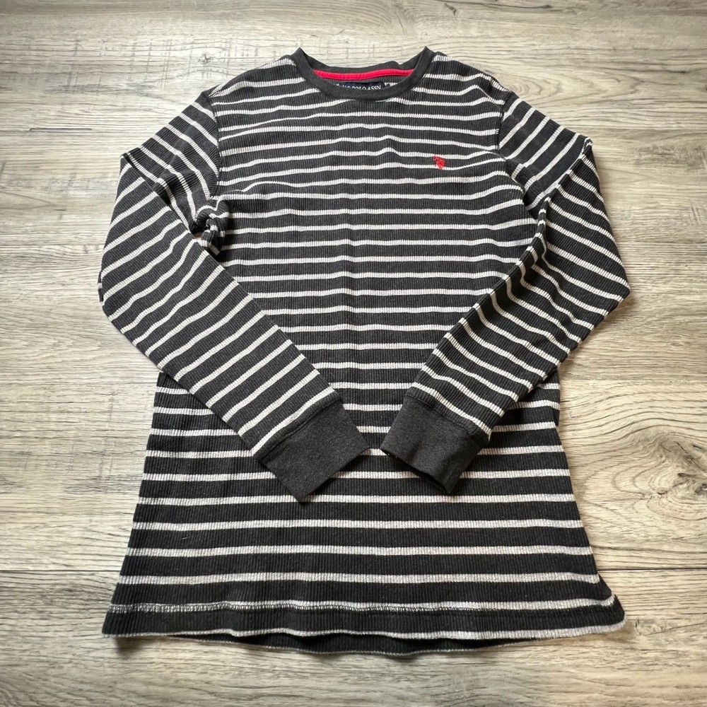 US Polo Assn Thermal Shirt Mens L Grey White Striped Long Sleeve Waffle Knit