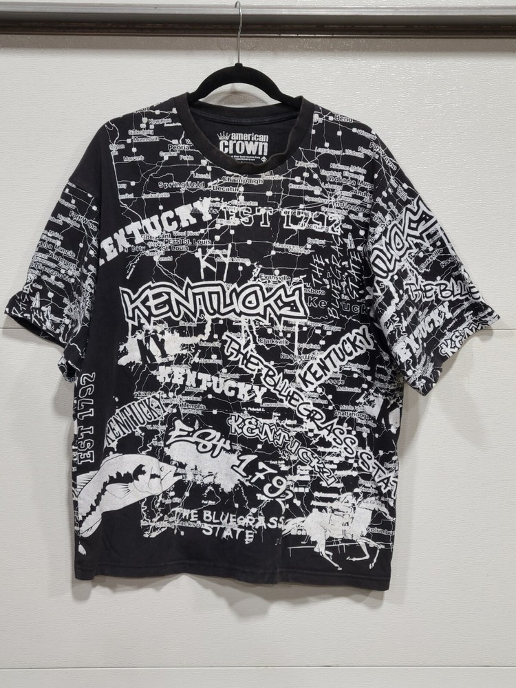 American Crown Large L Kentucky Black White All Over Map Print KY Tshirt Tee
