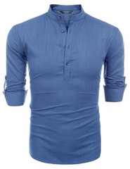Men’s Cotton Hemp Long Sleeve Casual Beach Henley Shirt(DENIMN BLUE,L)