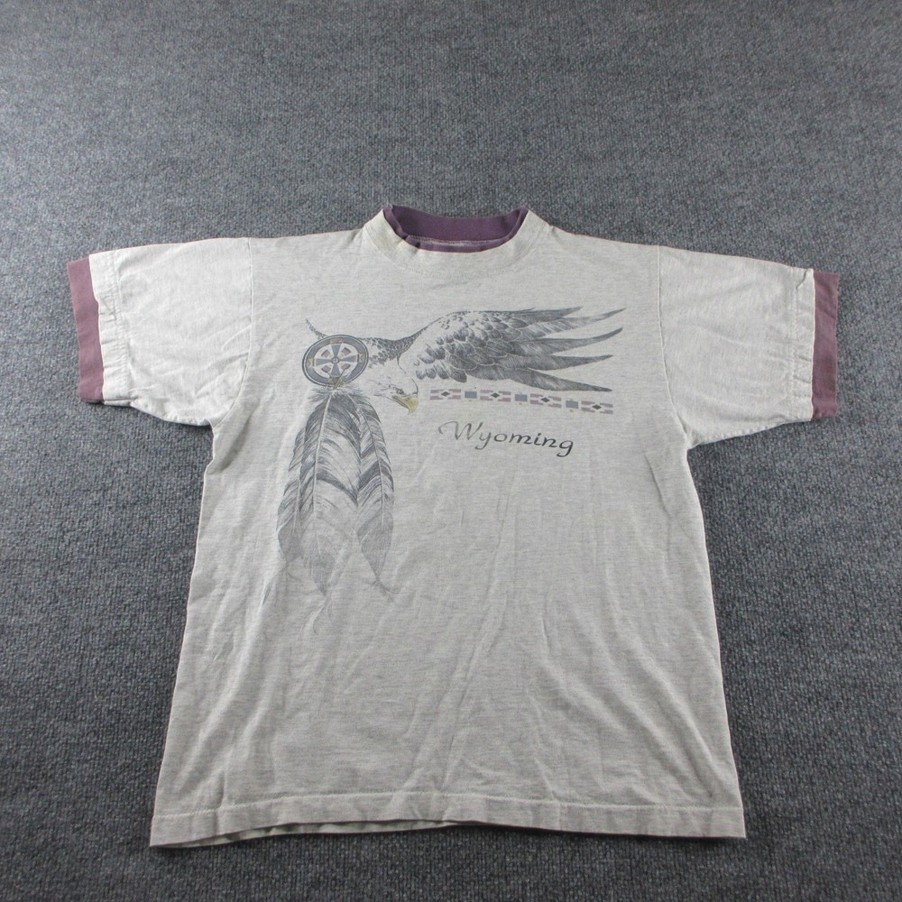 Vintage Wyoming Shirt Mens M Gray Eagle Feather Graphic Ringer Tee Made USA 90s