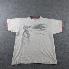 Vintage Wyoming Shirt Mens M Gray Eagle Feather Graphic Ringer Tee Made USA 90s