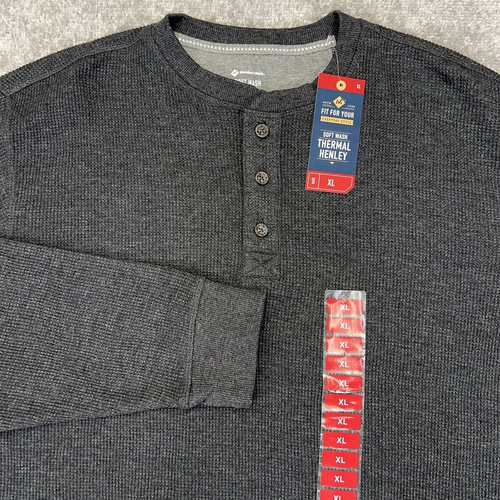 MEMBERS MARK Men XL Thermal Henley Shirt Long Sleeve Soft Wash Black Heather NWT