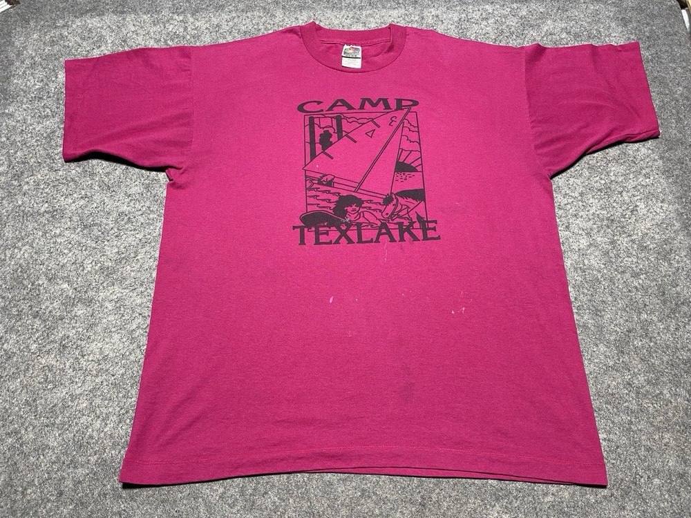 Vtg Distresed Pink FOTL single Stitch Shirt Camp Texlake Sail boat Horseback XL