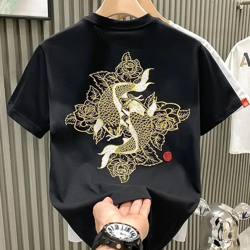 Men’s Luxury Koi Fish Embroidered Cotton T-Shirt Casual Short Sleeve Slim Fit Te