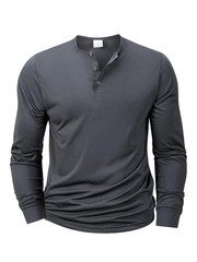 Mens Cotton Slim Fit Long Sleeve Henley T-Shirt Casual Button Tee Top Gym Gift
