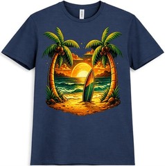 Tropical Beach T-Shirt Sunset Surfboard Graphic Palm Trees Ocean Summer tee