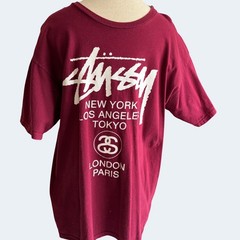 Stussy Burgundy World Tour Graphic T-Shirt Size Large Streetwear Skater Tee