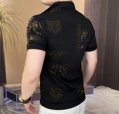 New Men Luxury Diamond Tiger Rhinestones Fashion Black Polo T-Shirt High Quality