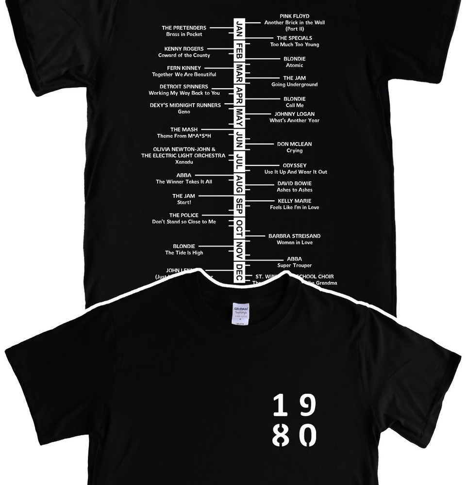 MUSIC SINGLES CHARTS T-Shirt 1980 – 2004, Birthday, 80s, 90s Fancy Dress, S -5XL