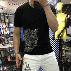 New Fashion Trend Leopard Hot Drilling Rhinestones Summer Luxury Men T-Shirt