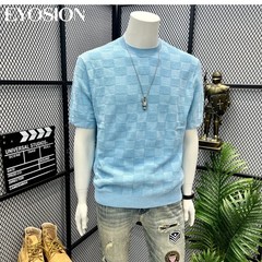 Men Knit Sweater Crewneck T-Shirt Plaid Checkered Casual Short Sleeve Tee Top