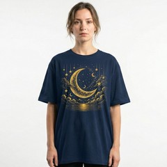 Golden Crescent Moon Stars T-Shirt Mystic Night Sky Reflection Tee