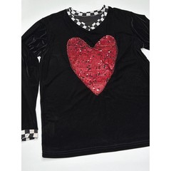 Mens Black Velvet Long Sleeve V Neck Shirt Red Sequin Heart Checkerboard Trim M