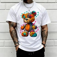 Men’s Loose Street Style T-Shirt — Colorful Patchwork Teddy Bear Graffiti