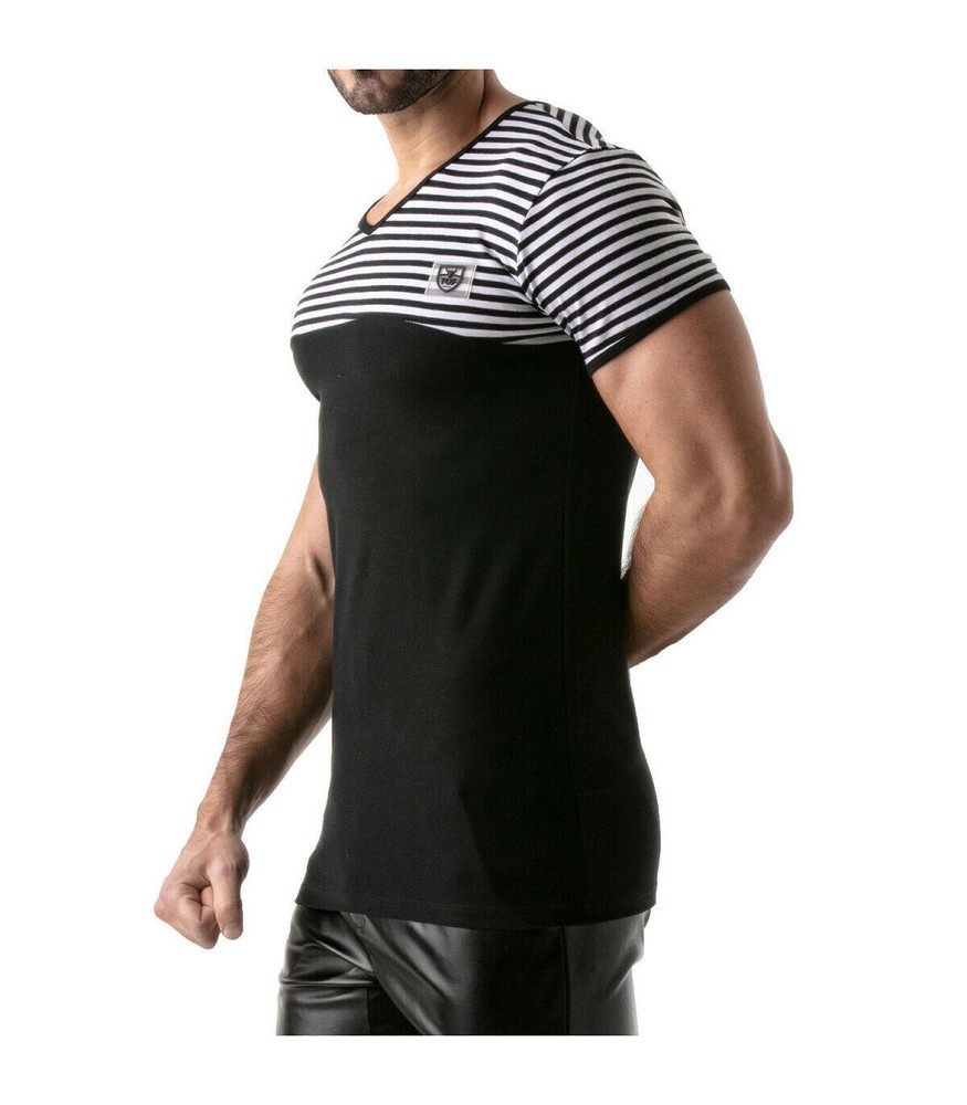 ”TOF PARIS” T-Shirt Half-Striped Cotton Jersay Casual Modern Style Black 22