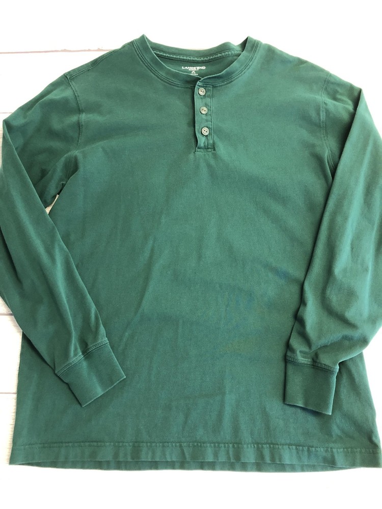 Lands’ End Henley Shirt Mens Medium Green Super-T Long Sleeve Tagless Tee