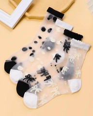 Women Sheer Ankle Socks Polka Dot And Bow Pattern 4 Pairs Black And White Mix
