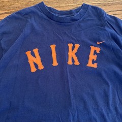 Vintage 90s Nike Blue Graphic SPELLOUT Logo T-Shirt Men’s Large Orange Lettering
