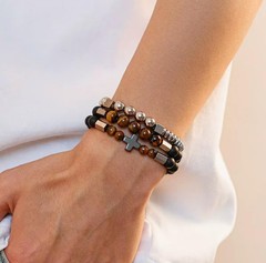 3 PCS Triple Protection Bracelet Set for Men Tiger Eye, Hematite, Onyx Beaded…