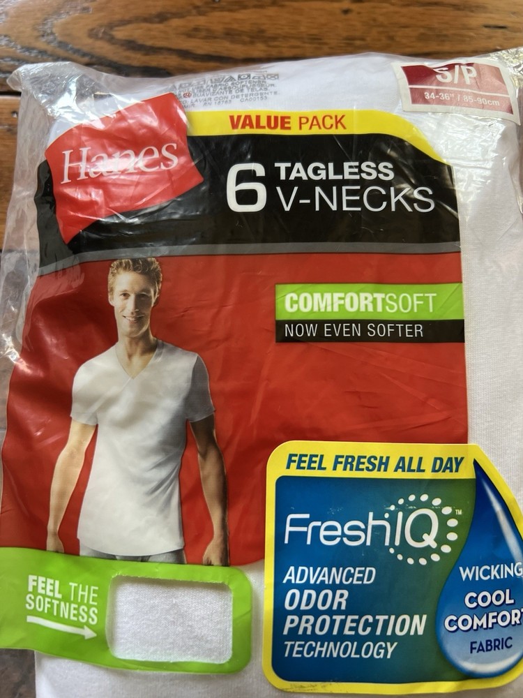 Hanes Men’s COMFORTSOFT 6-Pack T-SHIRTS TAGLESS FreshIQ size Small White V Neck