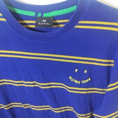 PS Paul Smith Mens Striped Smiley Face Logo T-Shirt Blue Yellow Large