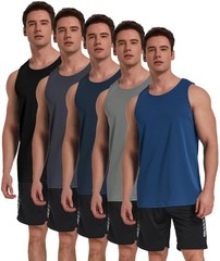 5 Pack Men’s Workout Tank Tops Sleeveless Mesh Muscle Gym Shirt Quick Dry Bla…