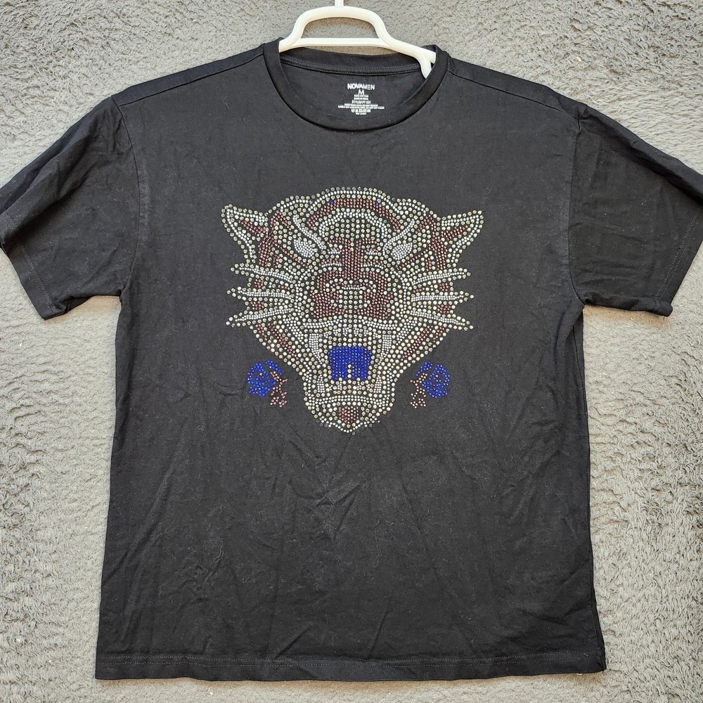 Novamen Shirt Mens Medium Black Tiger Rhinestone Graphic Tee Rose Detail India